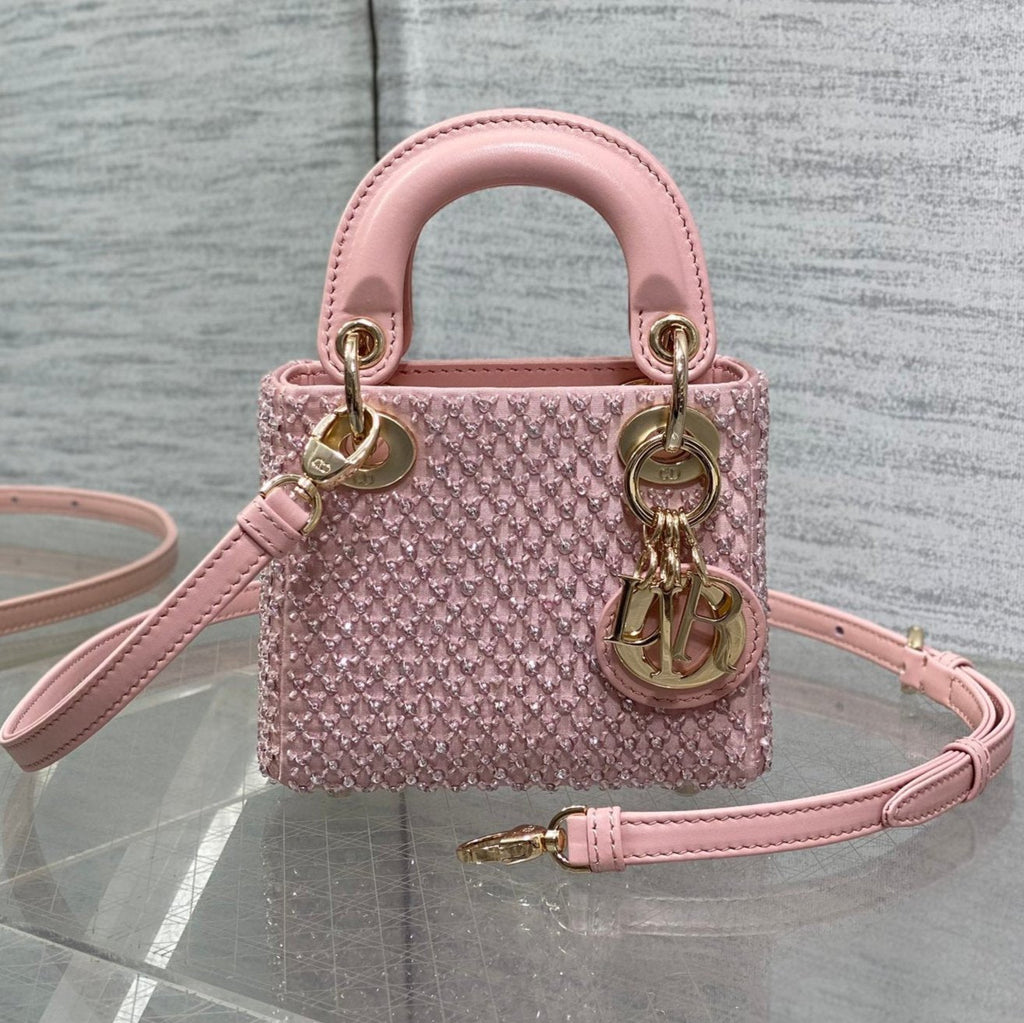 DIOR MICRO 12 LADY BAG IN BLUSH PINK SATIN WITH BEADING