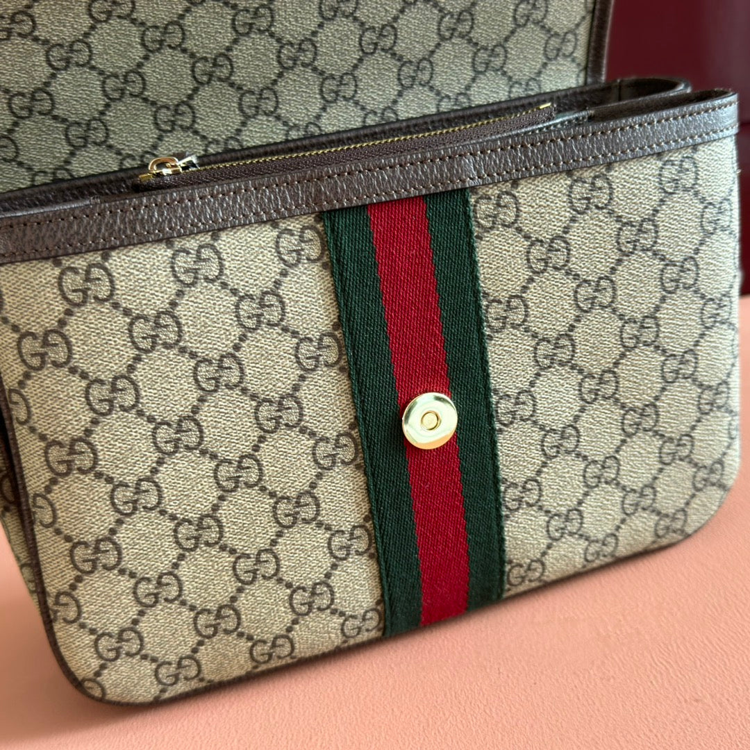 GUCCI 25S OPHIDIA SMALL SHOULDER BAG 24 CM IN BEIGE AND BROWN CALFSKIN
