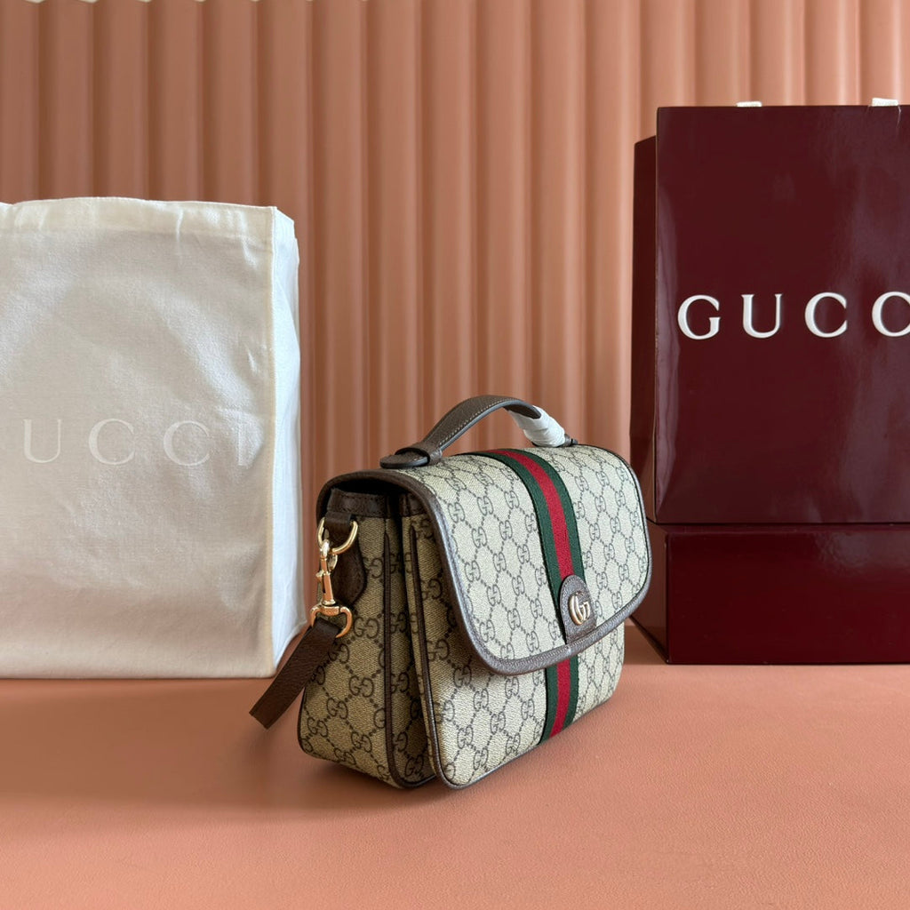GUCCI 25S OPHIDIA SMALL SHOULDER BAG 24 CM IN BEIGE AND BROWN CALFSKIN