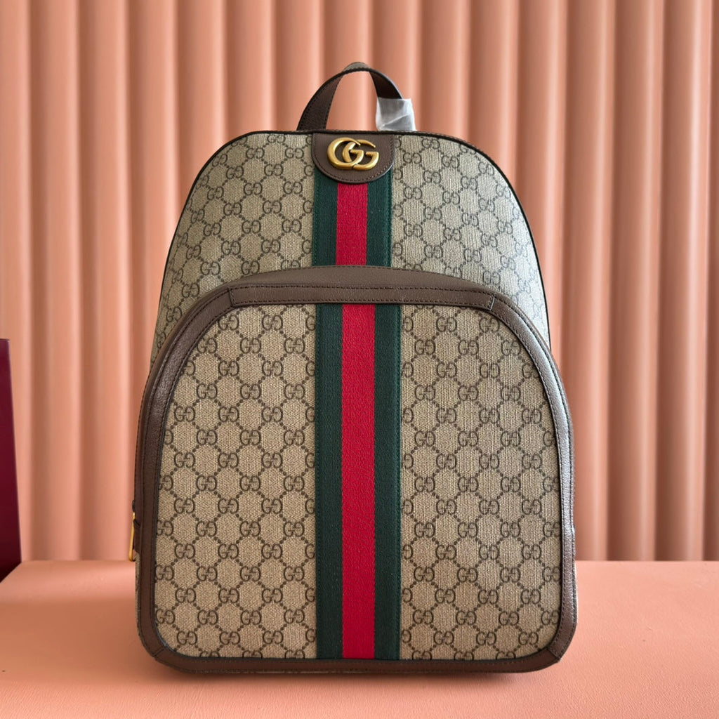 GUCCI 25S OPHIDIA BACKPACK 40 IN BEIGE CANVAS AND BROWN CALFSKIN