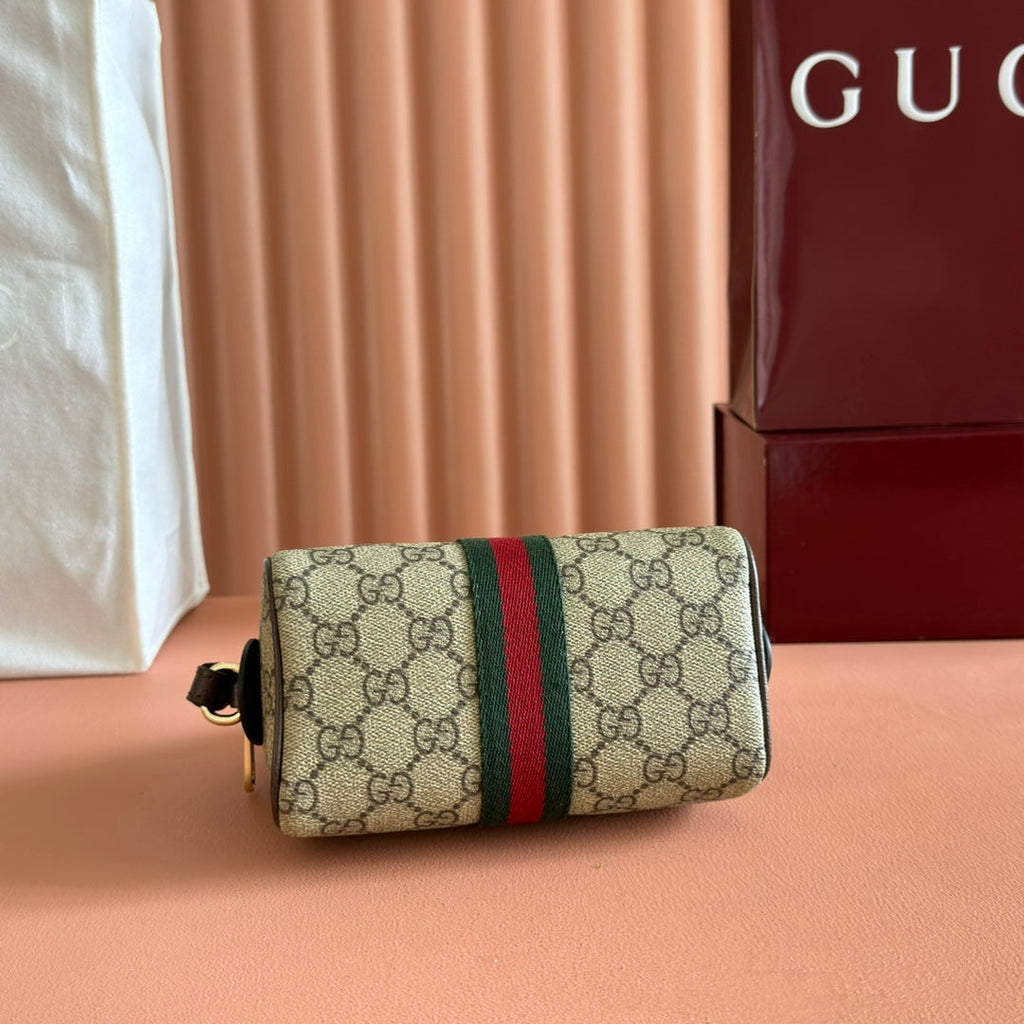 GUCCI 25S OPHIDIA MINI BOSTON BAG 16 IN BEIGE CANVAS AND BROWN CALFSKIN