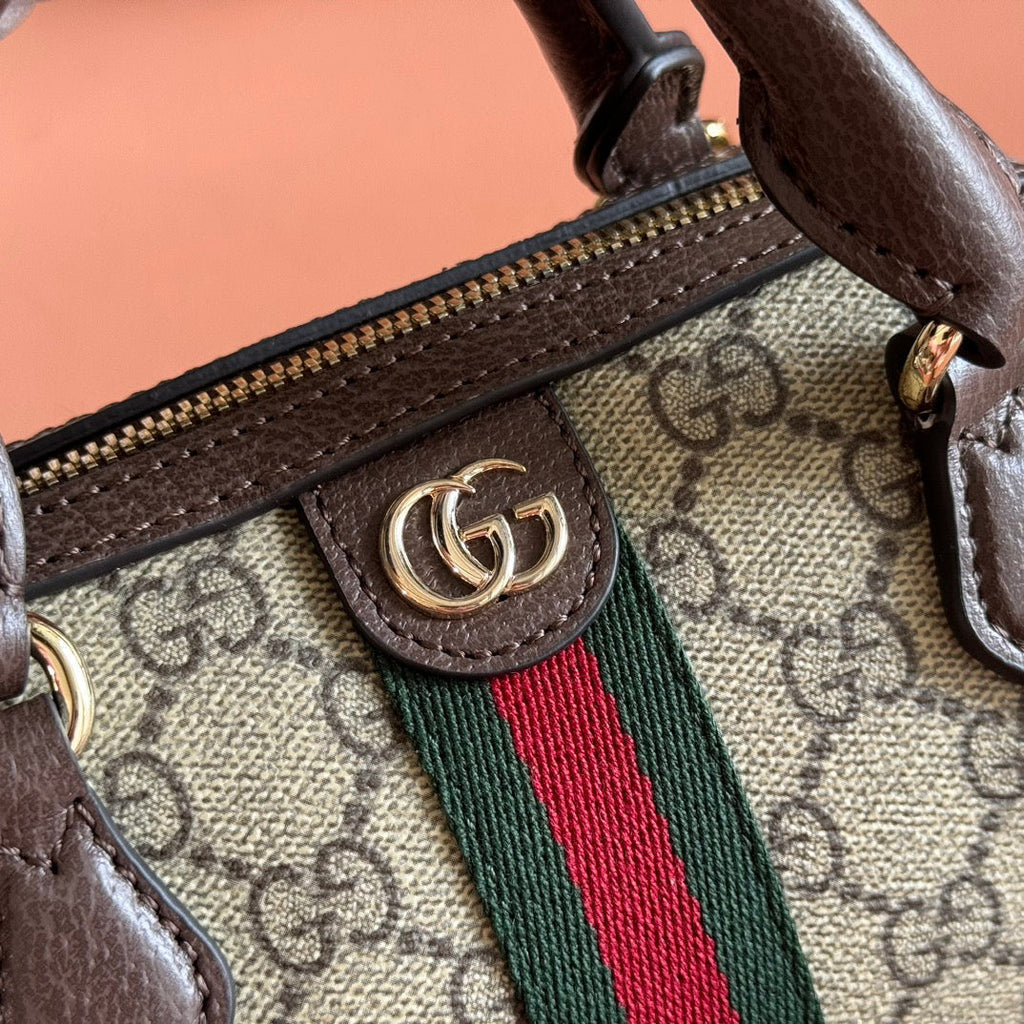 GUCCI 25S OPHIDIA MINI BOSTON BAG 16 IN BEIGE CANVAS AND BROWN CALFSKIN