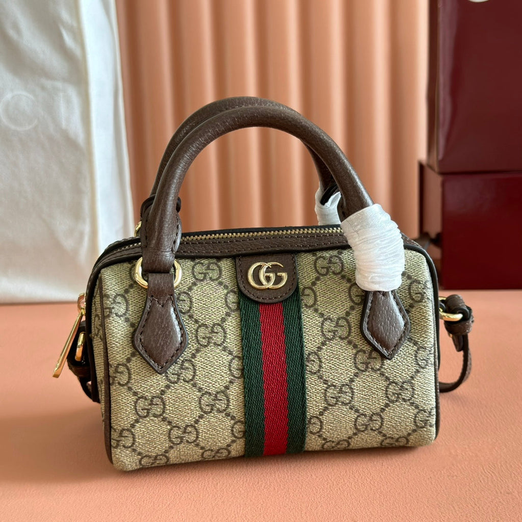 GUCCI 25S OPHIDIA MINI BOSTON BAG 16 IN BEIGE CANVAS AND BROWN CALFSKIN