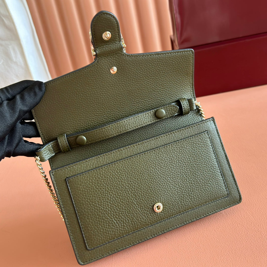 GUCCI 25S DIONYSUS WALLET ON CHAIN 20 IN DARK OLIVE GREEN CALFSKIN