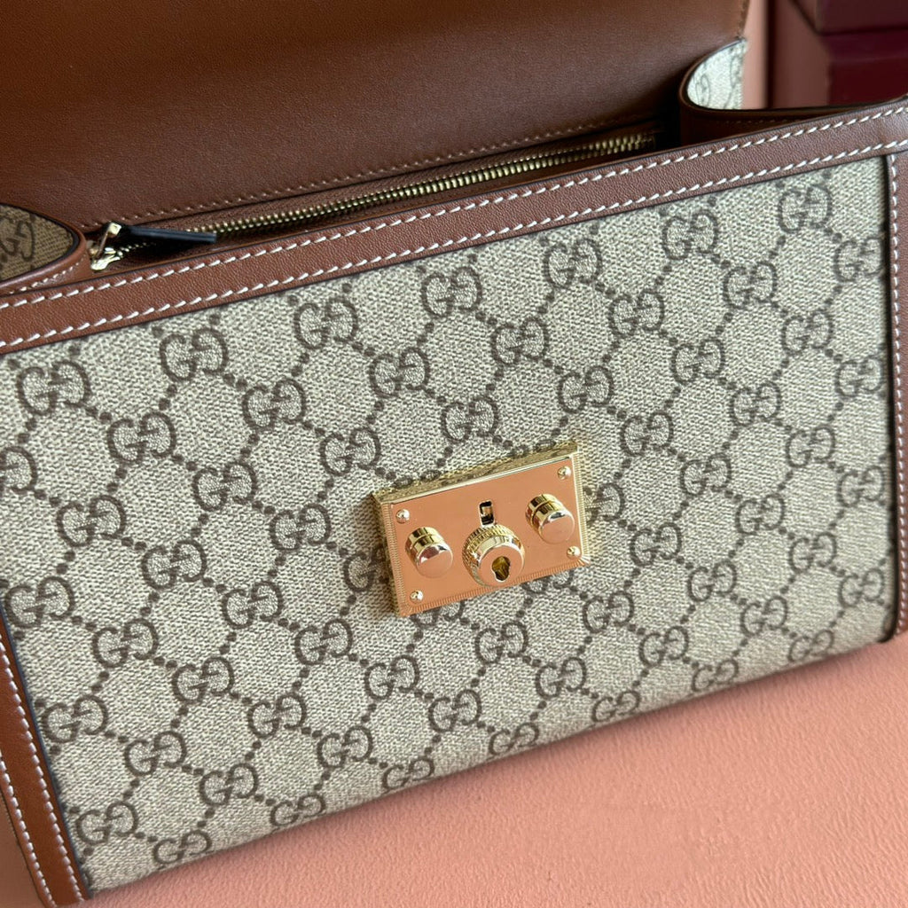 GUCCI 25S PADLOCK BAG 26 IN BEIGE CANVAS AND BROWN CALFSKIN