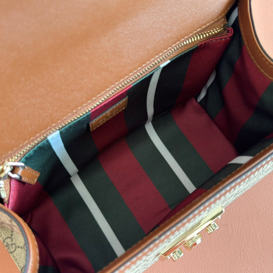 GUCCI 25S PADLOCK BAG 26 IN BEIGE CANVAS AND BROWN CALFSKIN