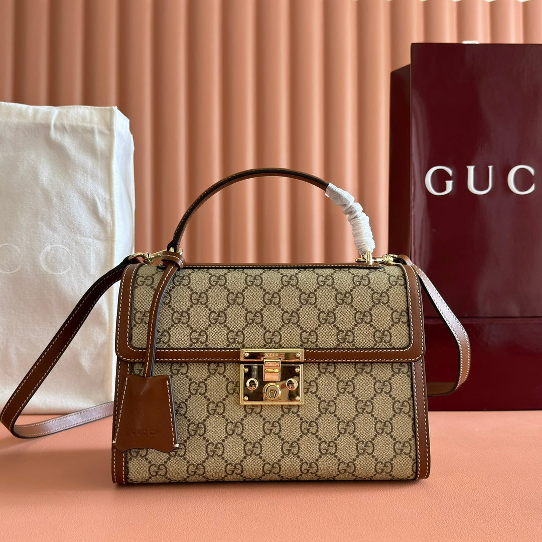 GUCCI 25S PADLOCK BAG 26 IN BEIGE CANVAS AND BROWN CALFSKIN