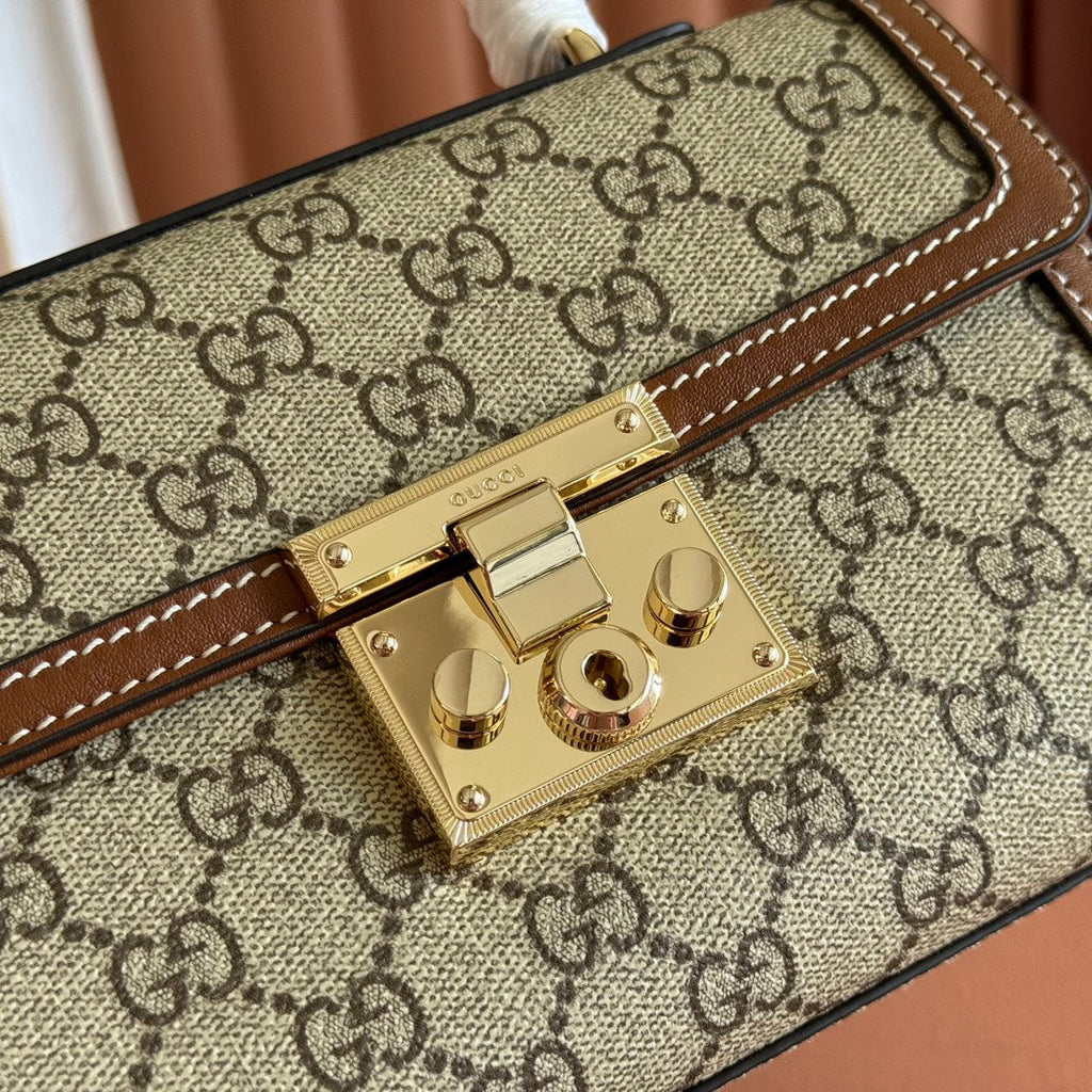 GUCCI 25S PADLOCK BAG 20 IN BEIGE CANVAS AND BROWN CALFSKIN