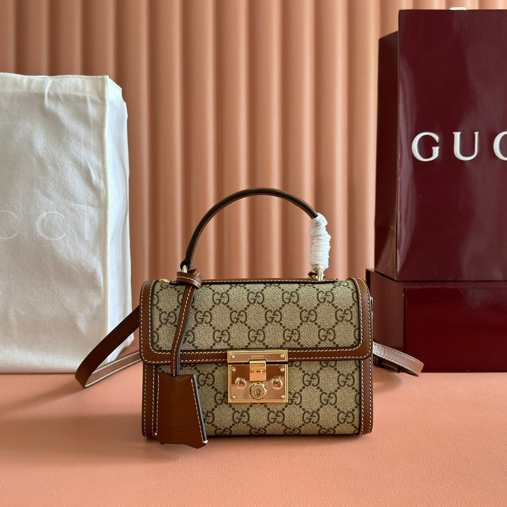 GUCCI 25S PADLOCK BAG 20 IN BEIGE CANVAS AND BROWN CALFSKIN