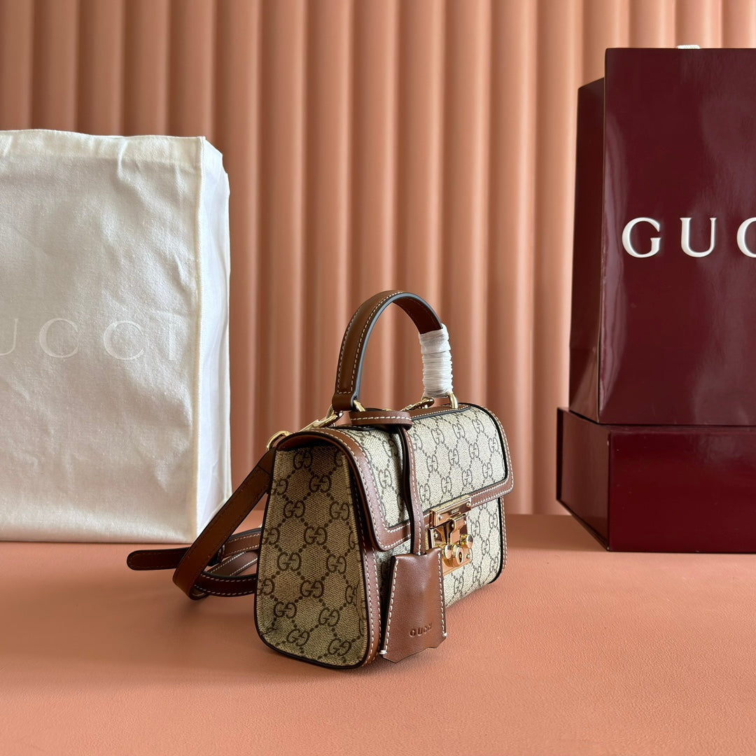 GUCCI 25S PADLOCK BAG 20 IN BEIGE CANVAS AND BROWN CALFSKIN