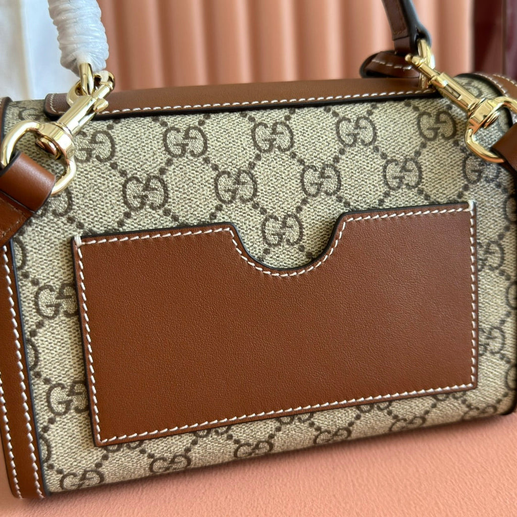 GUCCI 25S PADLOCK BAG 20 IN BEIGE CANVAS AND BROWN CALFSKIN