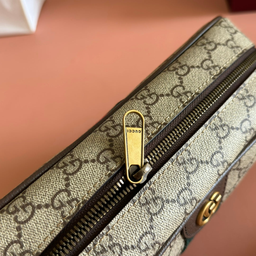 GUCCI 25S OPHIDIA CROSSBODY BAG 28 IN BEIGE CANVAS AND BROWN CALFSKIN