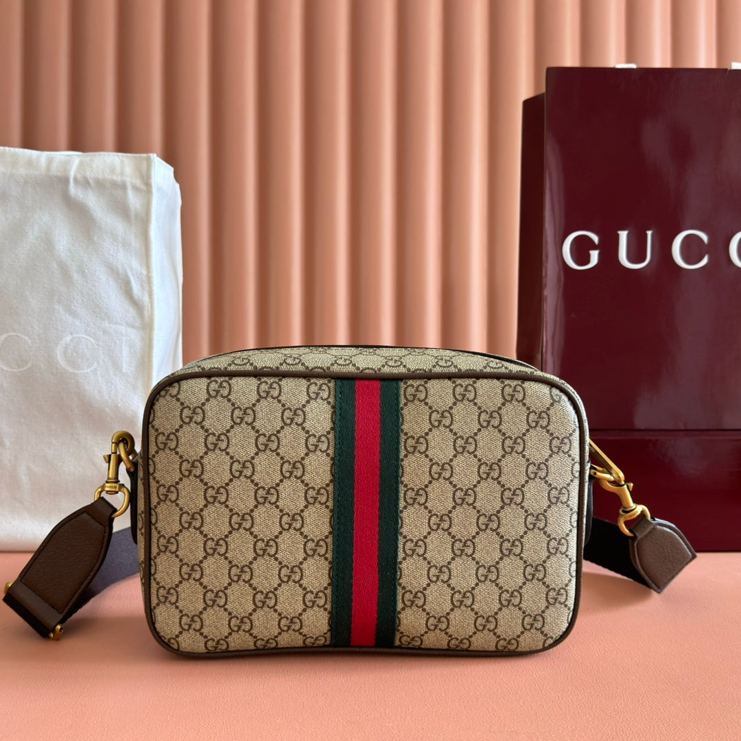 GUCCI 25S OPHIDIA CROSSBODY BAG 28 IN BEIGE CANVAS AND BROWN CALFSKIN