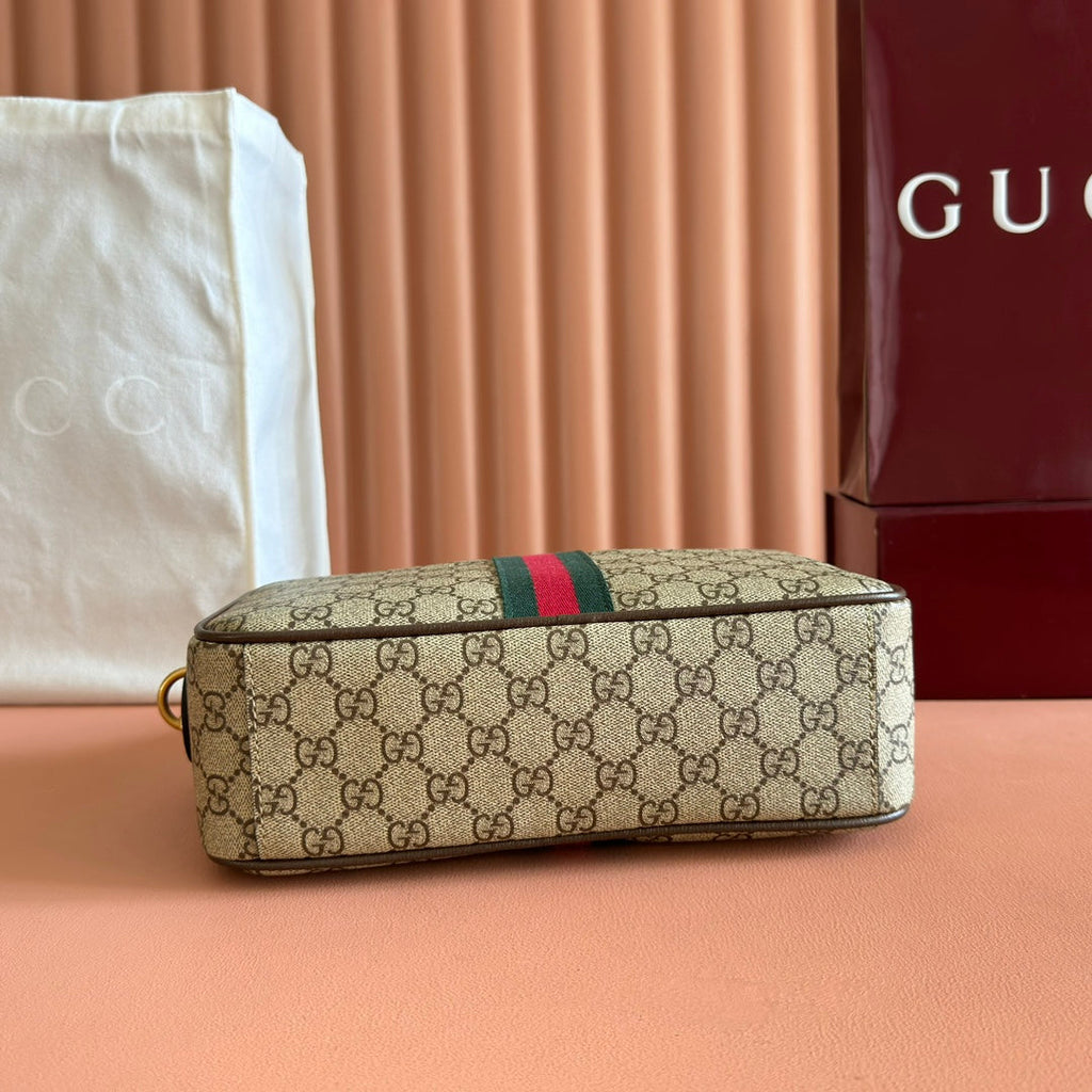 GUCCI 25S OPHIDIA CROSSBODY BAG 28 IN BEIGE CANVAS AND BROWN CALFSKIN