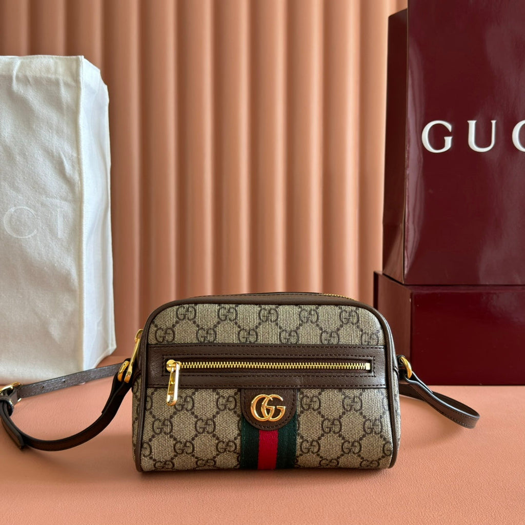 GUCCI 25S DESIGNER HANDBAG 18 IN BEIGE CANVAS AND BROWN CALFSKIN