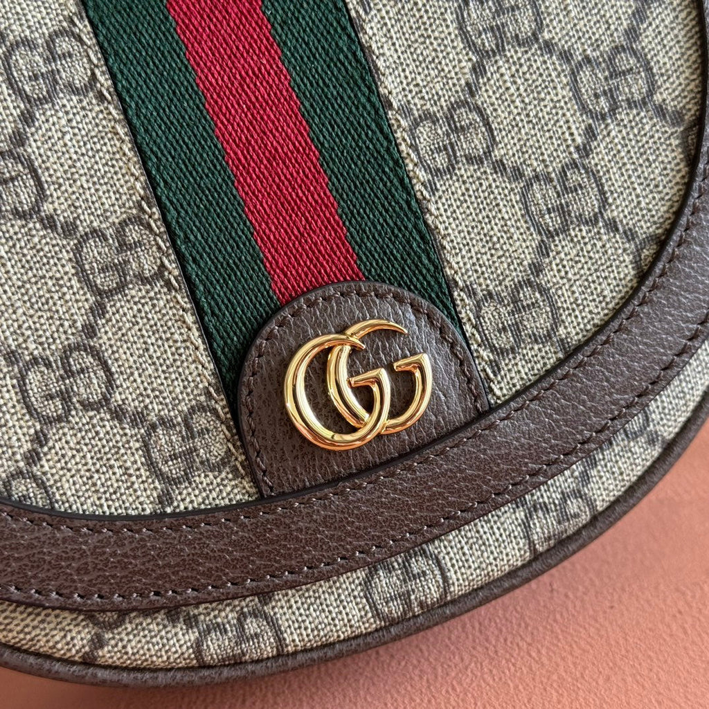 GUCCI 25S OPHIDIA MINI BAG 20 IN DARK BEIGE CANVAS AND BROWN CALFSKIN