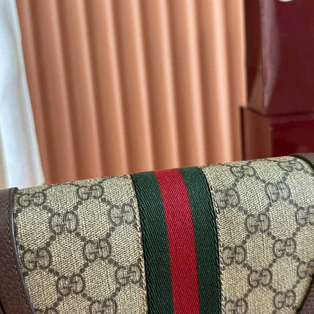 GUCCI 25S OPHIDIA MINI BAG 20 IN DARK BEIGE CANVAS AND BROWN CALFSKIN