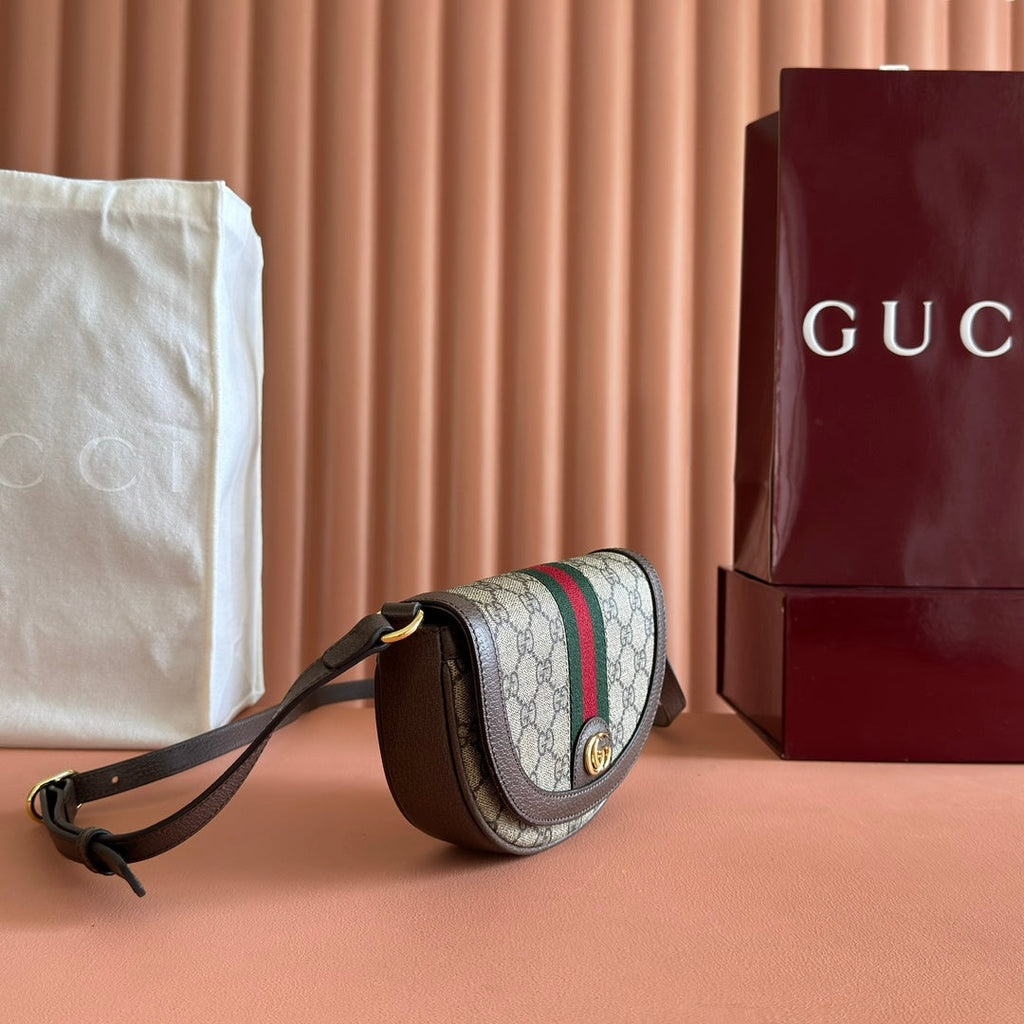 GUCCI 25S OPHIDIA MINI BAG 20 IN DARK BEIGE CANVAS AND BROWN CALFSKIN