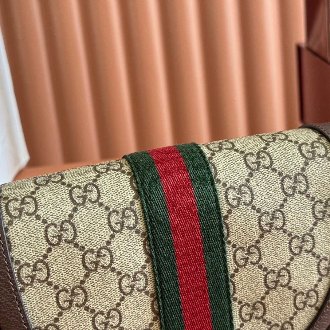 GUCCI 25S OPHIDIA MINI BAG 20 IN BEIGE CANVAS AND BROWN CALFSKIN