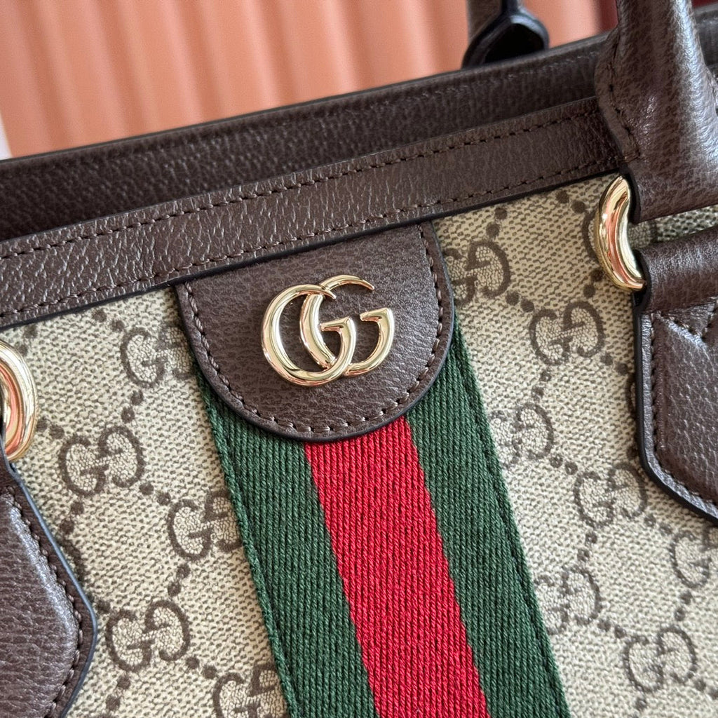 GUCCI 26S OPHIDIA HANDBAG 39 IN BROWN AND DARK BEIGE CANVAS