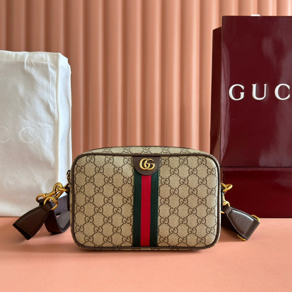 GUCCI 26S OPHIDIA CROSSBODY BAG 24 IN BROWN AND DARK BEIGE CANVAS