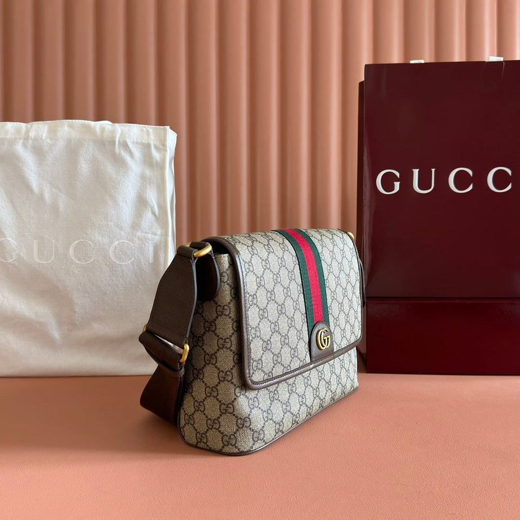 GUCCI 25S OPHIDIA SMALL BAG 28 IN BEIGE CANVAS AND BROWN CALFSKIN