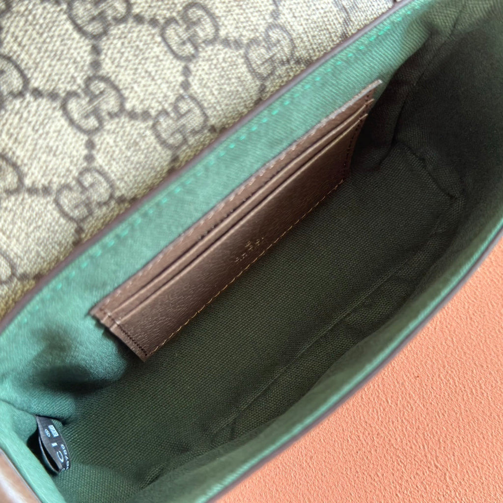 GUCCI 25S OPHIDIA BAG 18 IN BEIGE CANVAS AND BROWN CALFSKIN GOLD HARDWARE