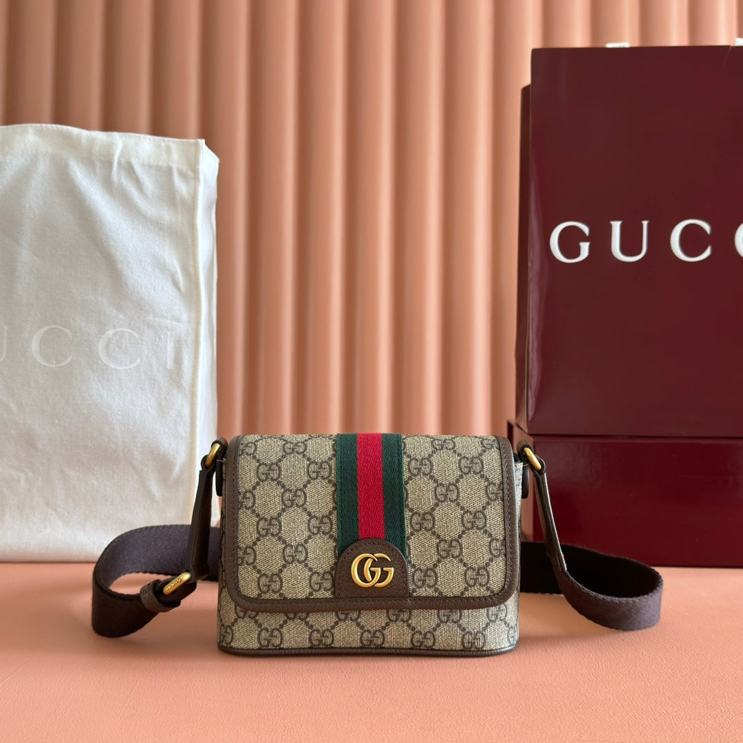 GUCCI 25S OPHIDIA BAG 18 IN BEIGE CANVAS AND BROWN CALFSKIN GOLD HARDWARE