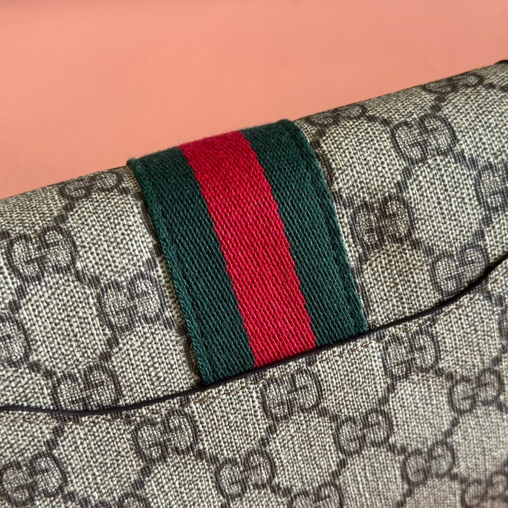 GUCCI 25S OPHIDIA BAG 18 IN BEIGE CANVAS AND BROWN CALFSKIN GOLD HARDWARE