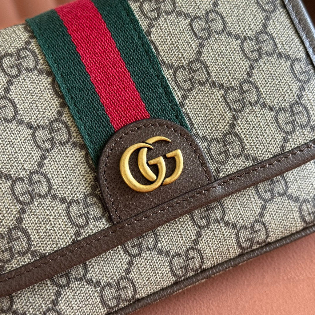 GUCCI 25S OPHIDIA BAG 18 IN BEIGE CANVAS AND BROWN CALFSKIN GOLD HARDWARE