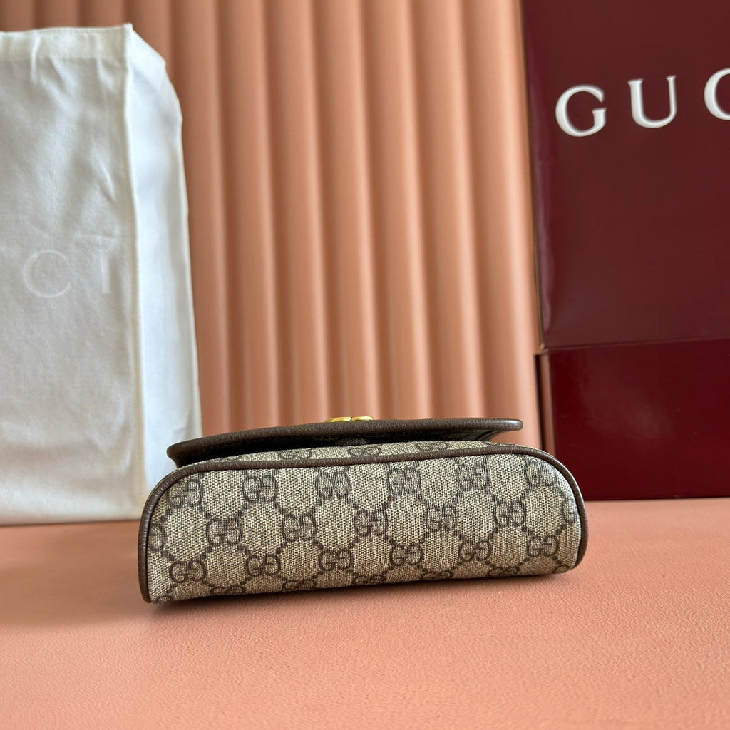 GUCCI 25S OPHIDIA BAG 18 IN BEIGE CANVAS AND BROWN CALFSKIN GOLD HARDWARE