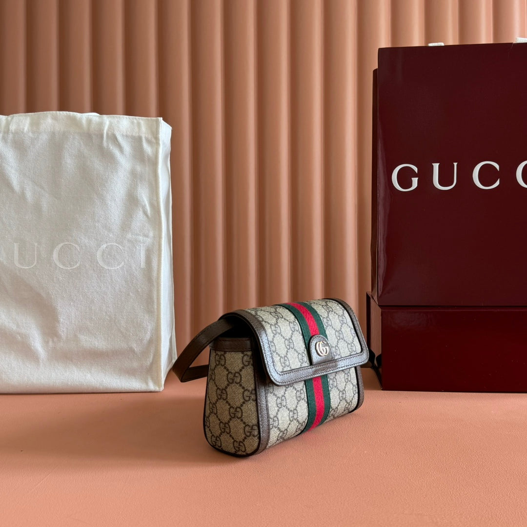 GUCCI 25S OPHIDIA BAG 18 IN BEIGE CANVAS AND BROWN CALFSKIN SILVER HARDWARE