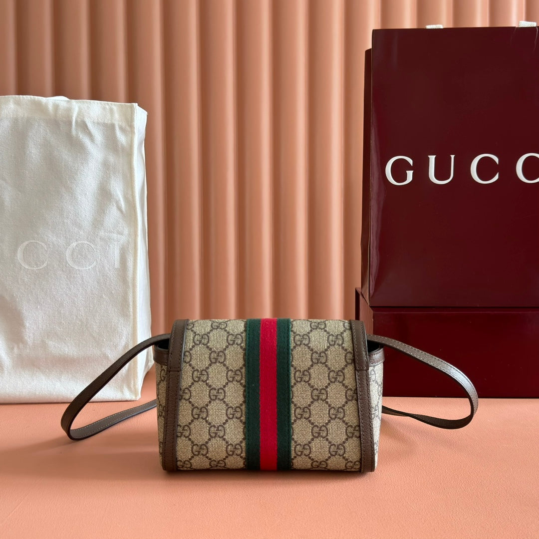 GUCCI 25S OPHIDIA BAG 18 IN BEIGE CANVAS AND BROWN CALFSKIN SILVER HARDWARE
