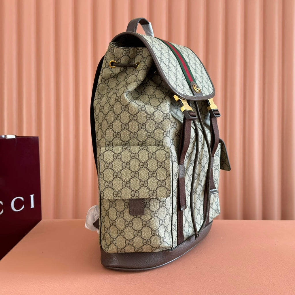 GUCCI 26S OPHIDIA LARGE BACKPACK 46 IN BEIGE AND BROWN CANVAS