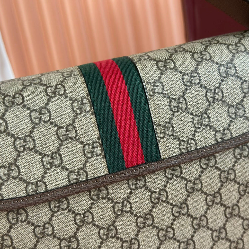 GUCCI 25S OPHIDIA MEDIUM CROSSBODY BAG 28 IN BEIGE CANVAS AND BROWN CALFSKIN