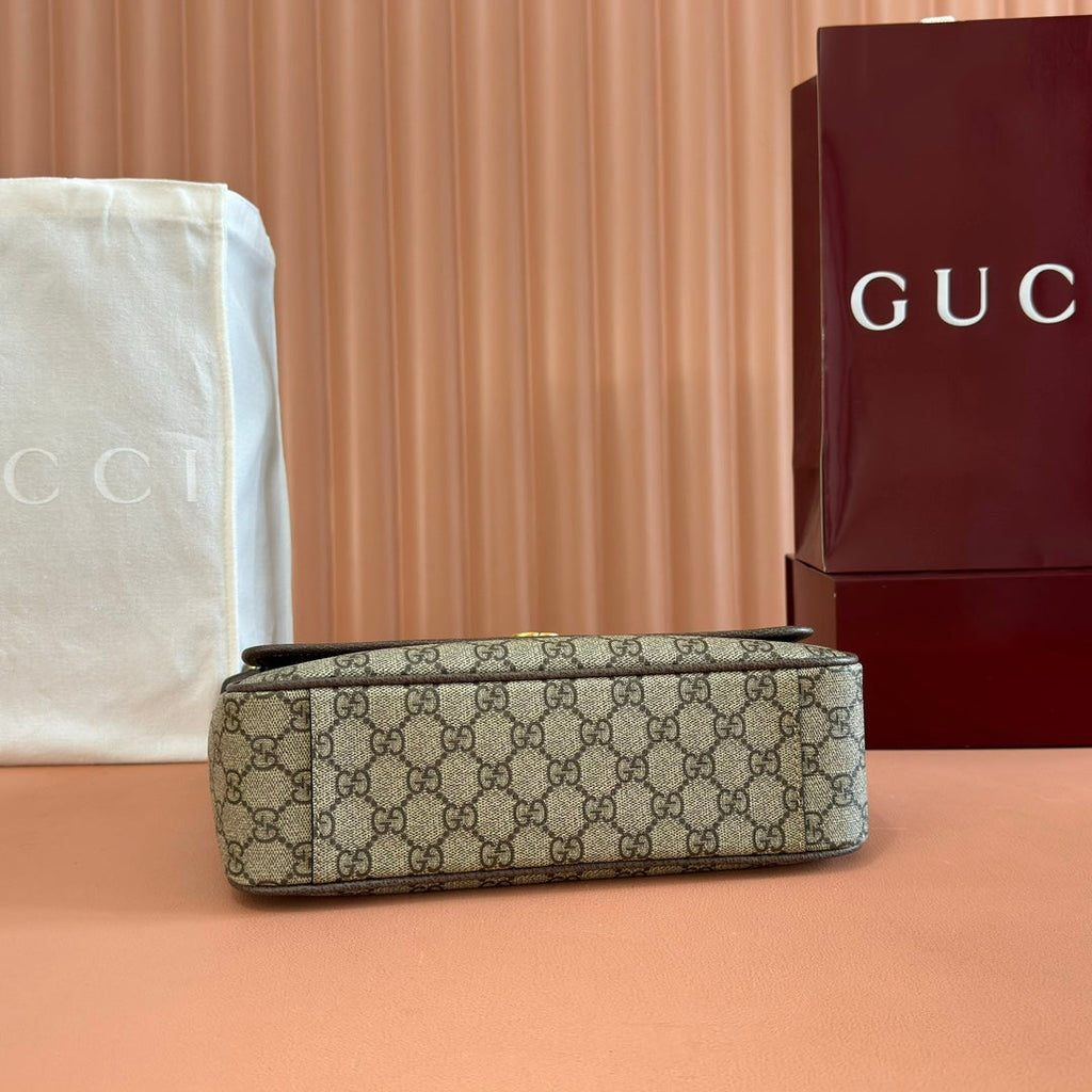 GUCCI 25S OPHIDIA MEDIUM CROSSBODY BAG 28 IN BEIGE CANVAS AND BROWN CALFSKIN