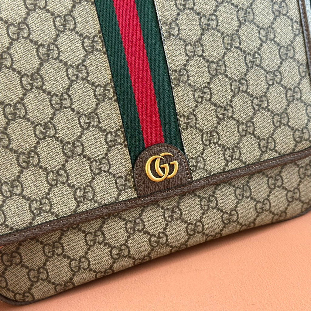 GUCCI 25S OPHIDIA MEDIUM CROSSBODY BAG 28 IN BEIGE CANVAS AND BROWN CALFSKIN