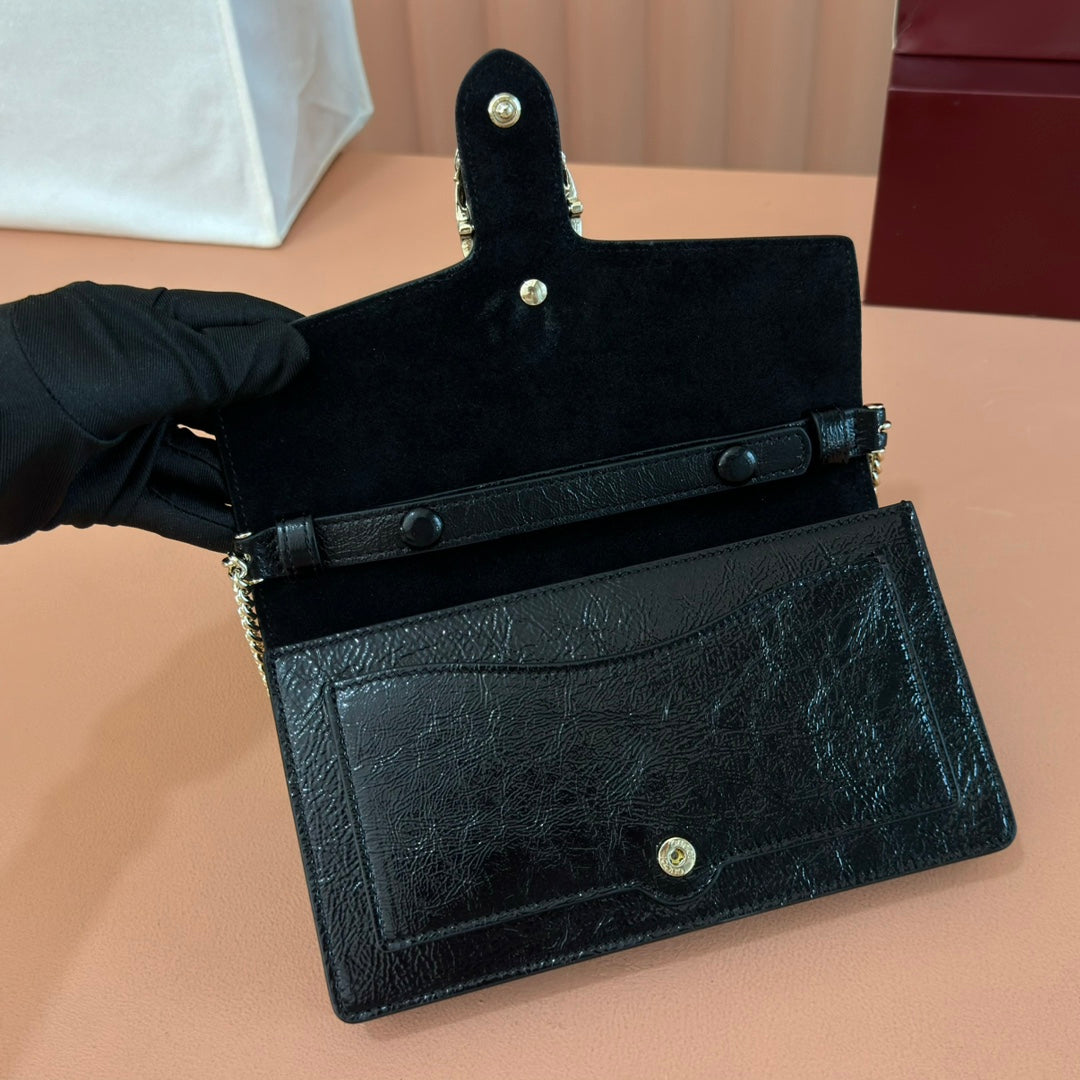 GUCCI 25S DIONYSUS WALLET ON CHAIN 20 IN BLACK GLOSSY CALFSKIN