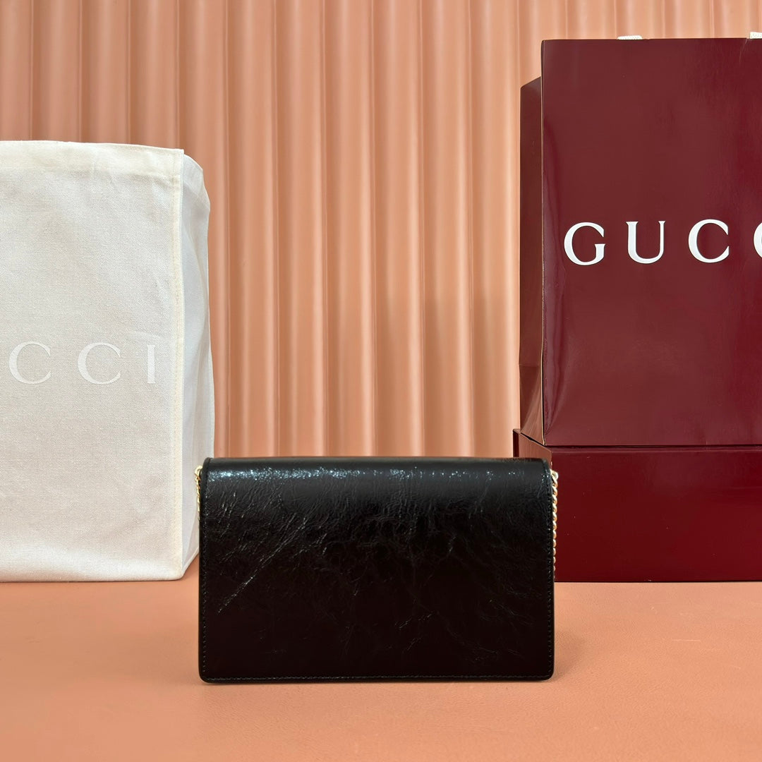 GUCCI 25S DIONYSUS WALLET ON CHAIN 20 IN BLACK GLOSSY CALFSKIN