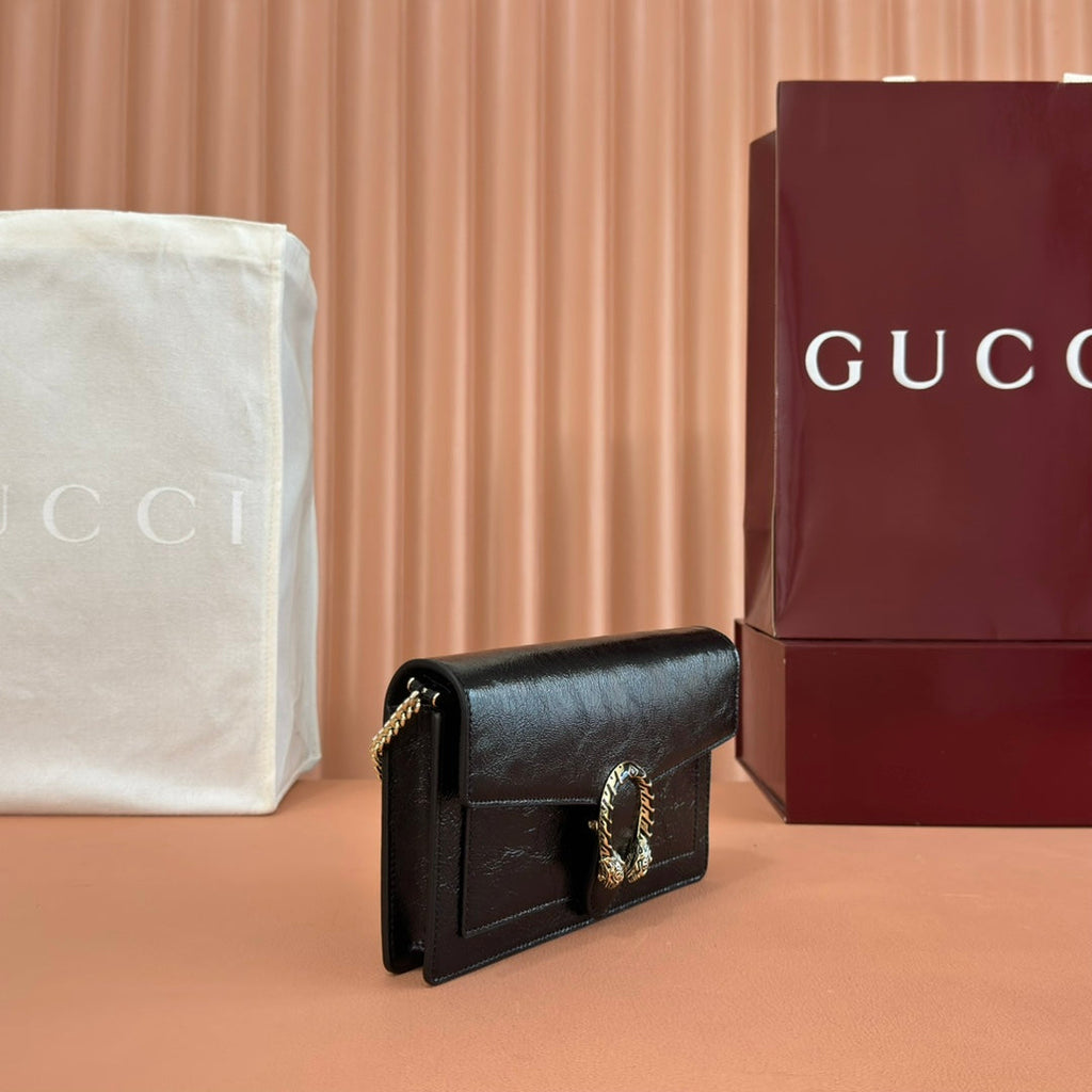 GUCCI 25S DIONYSUS WALLET ON CHAIN 20 IN BLACK GLOSSY CALFSKIN