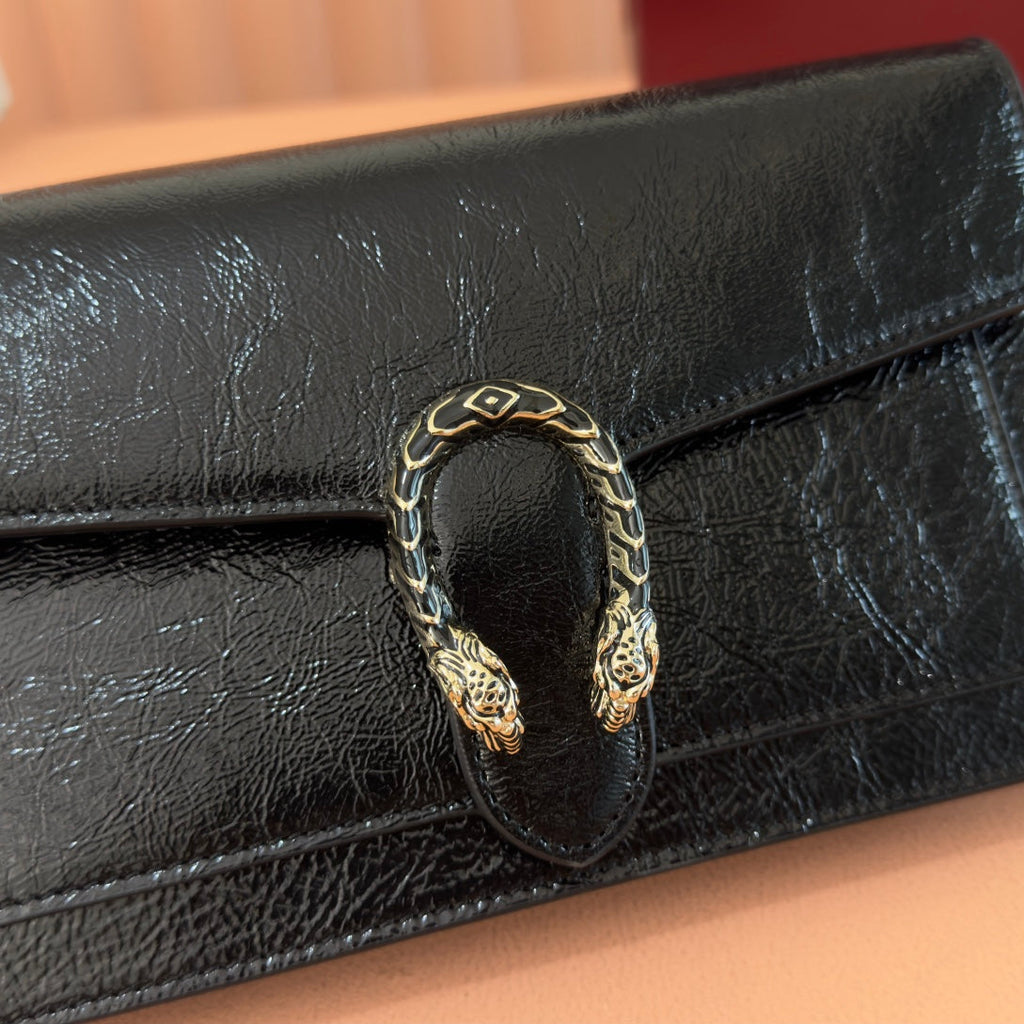 GUCCI 25S DIONYSUS WALLET ON CHAIN 20 IN BLACK GLOSSY CALFSKIN