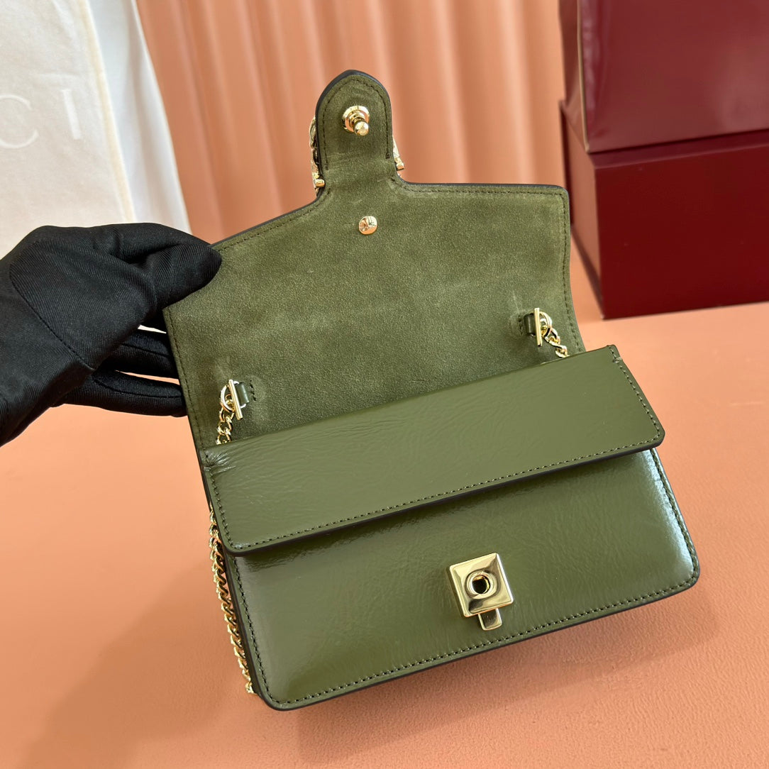 GUCCI 25S DIONYSUS WALLET ON CHAIN 17 IN GREEN GLOSSY CALFSKIN