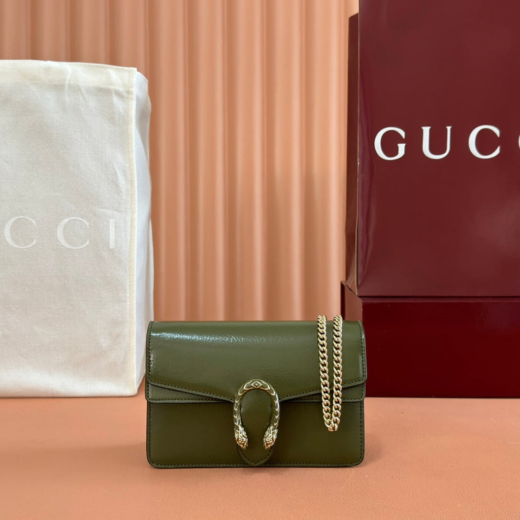 GUCCI 25S DIONYSUS WALLET ON CHAIN 17 IN GREEN GLOSSY CALFSKIN