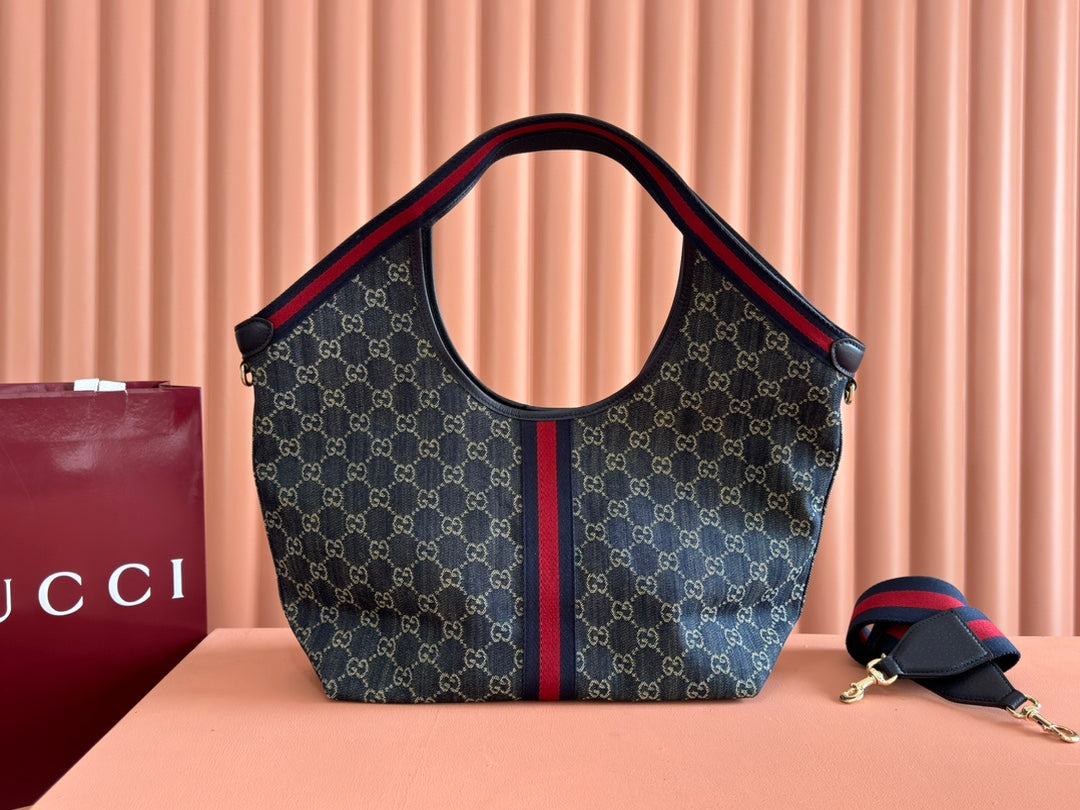 GUCCI 25S GIGLIO LARGE TOTE BAG 50 IN BLUE AND WHITE DENIM
