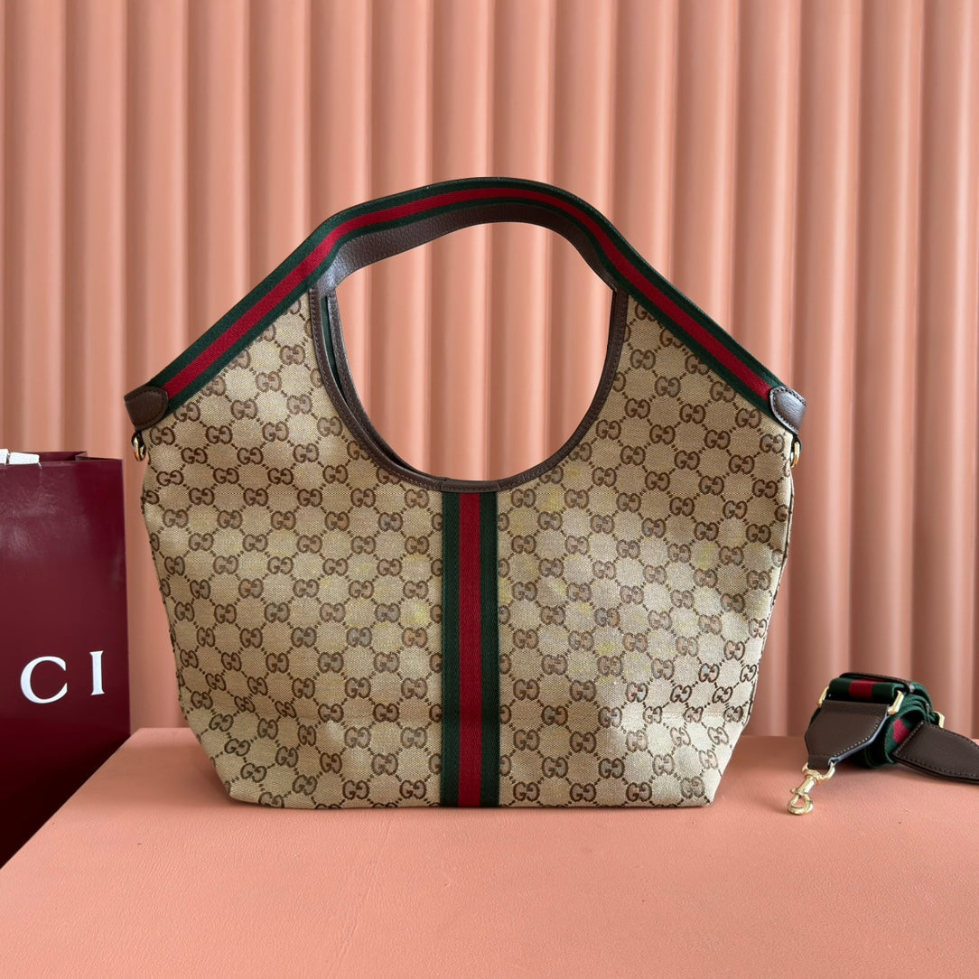 GUCCI 25S GIGLIO LARGE TOTE BAG 50 IN BEIGE AND DARK BROWN CANVAS