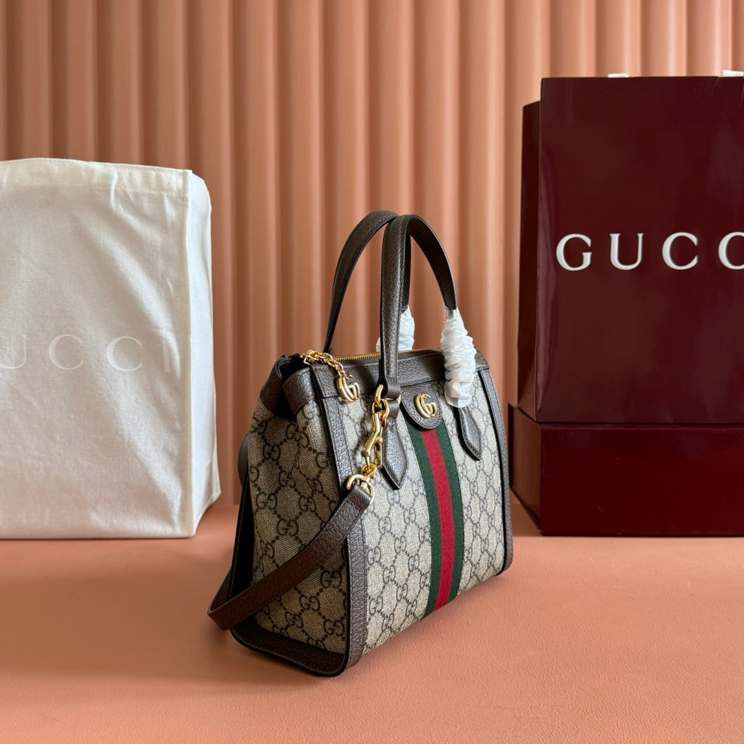 GUCCI 26S OPHIDIA HANDBAG 25 IN BROWN AND DARK BEIGE CALFSKIN