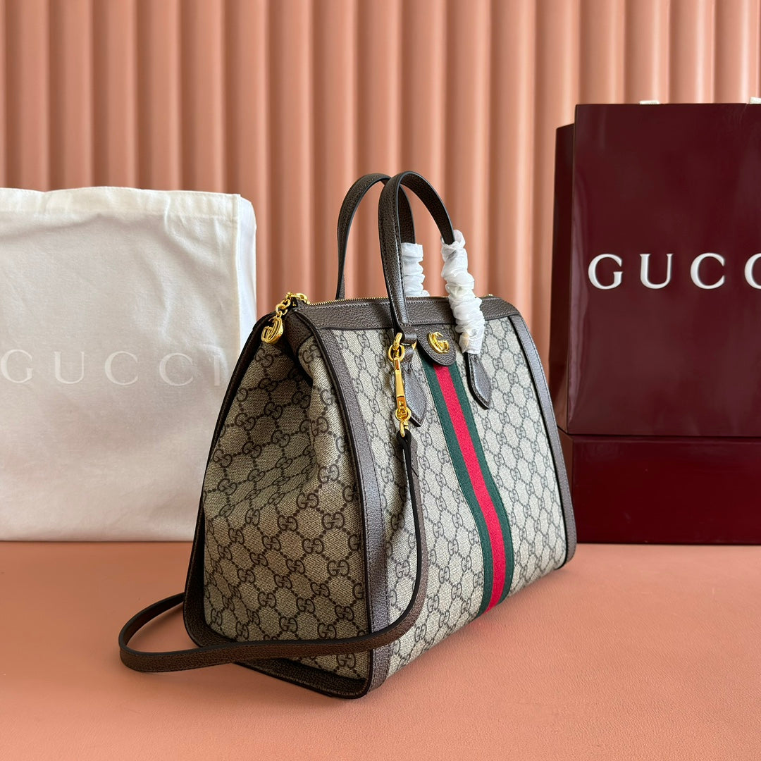 GUCCI 26S OPHIDIA HANDBAG 33 IN BROWN AND DARK BEIGE CALFSKIN