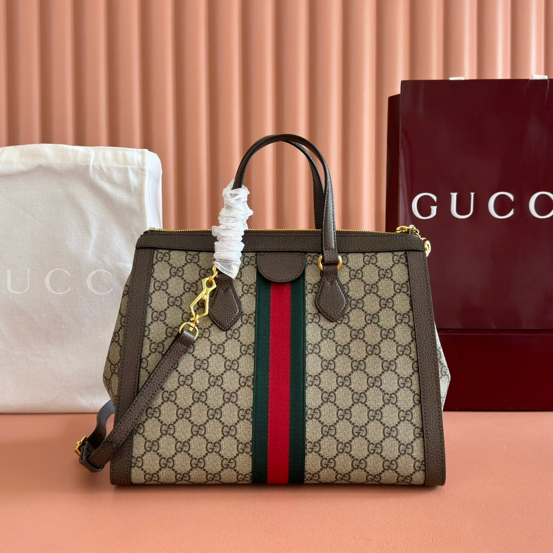 GUCCI 26S OPHIDIA HANDBAG 33 IN BROWN AND DARK BEIGE CALFSKIN
