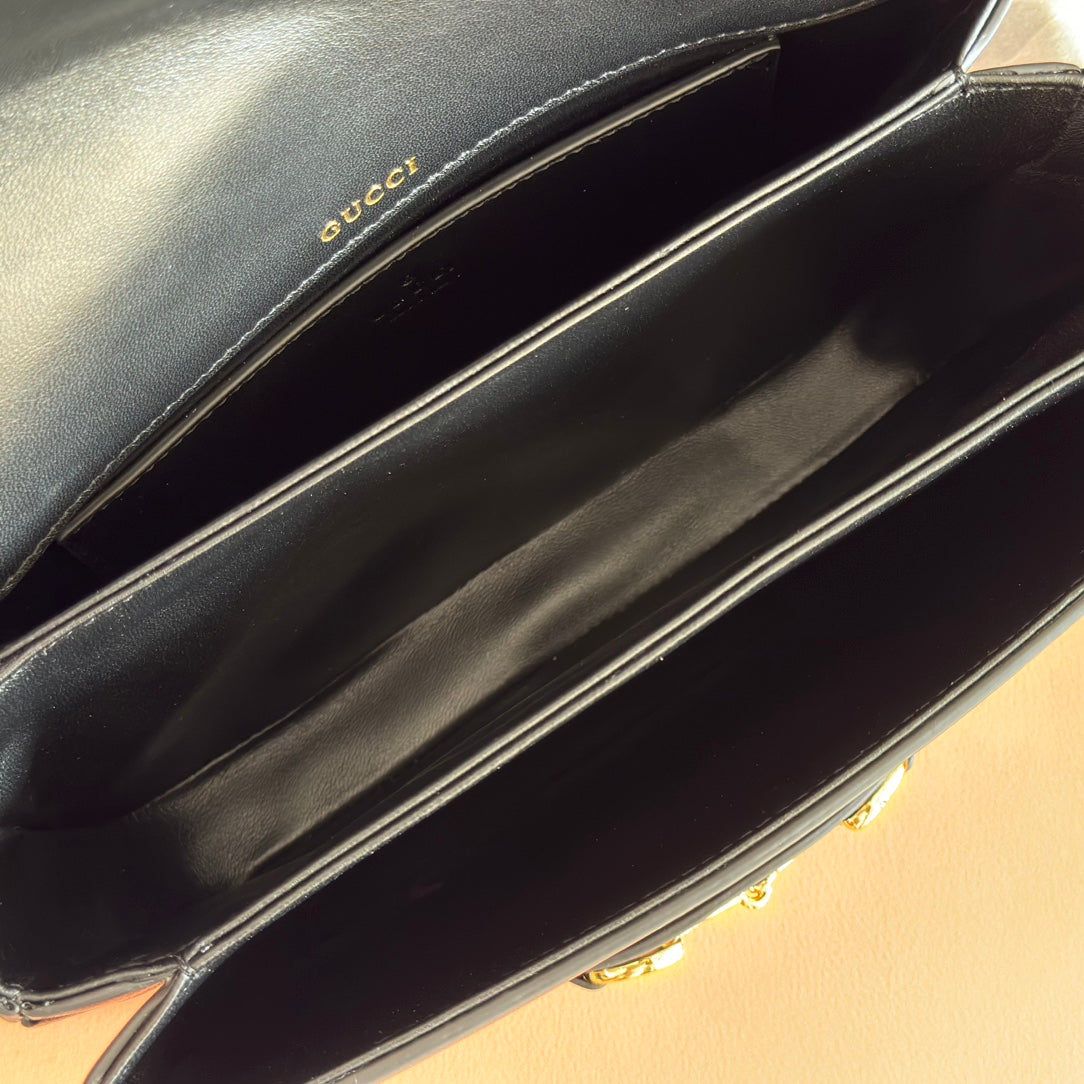 GUCCI 25S HORSEBIT 1955 MINI BAG 26 CM IN BLACK CALFSKIN WITH GOLD HARDWARE