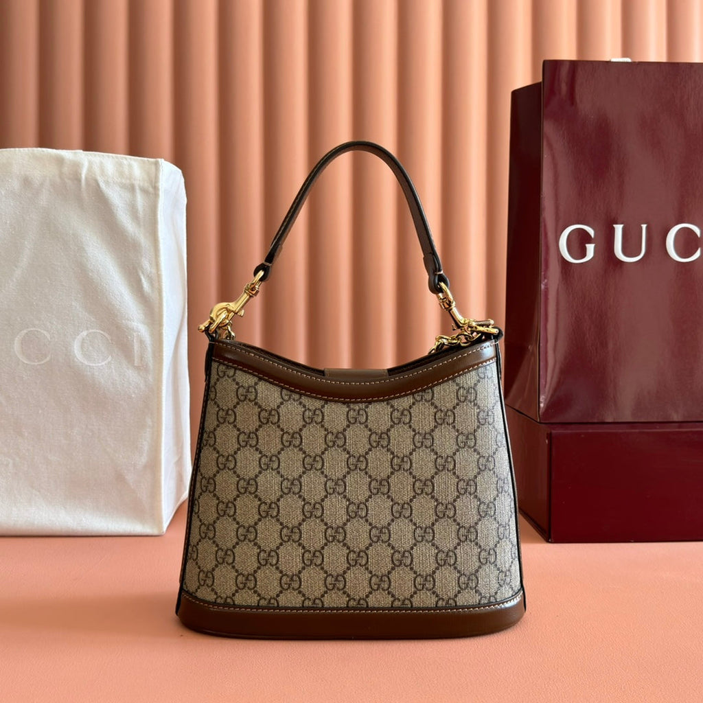 GUCCI 26S SHOULDER BAG 25 IN DARK BEIGE AND BROWN COATED CANVAS